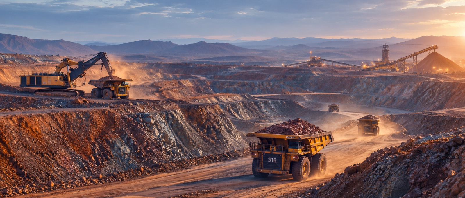 Haul trucks and a hydraulic excavator working the benches of an open-pit mine at dusk, with the processing plant and ore stockpile on the horizon