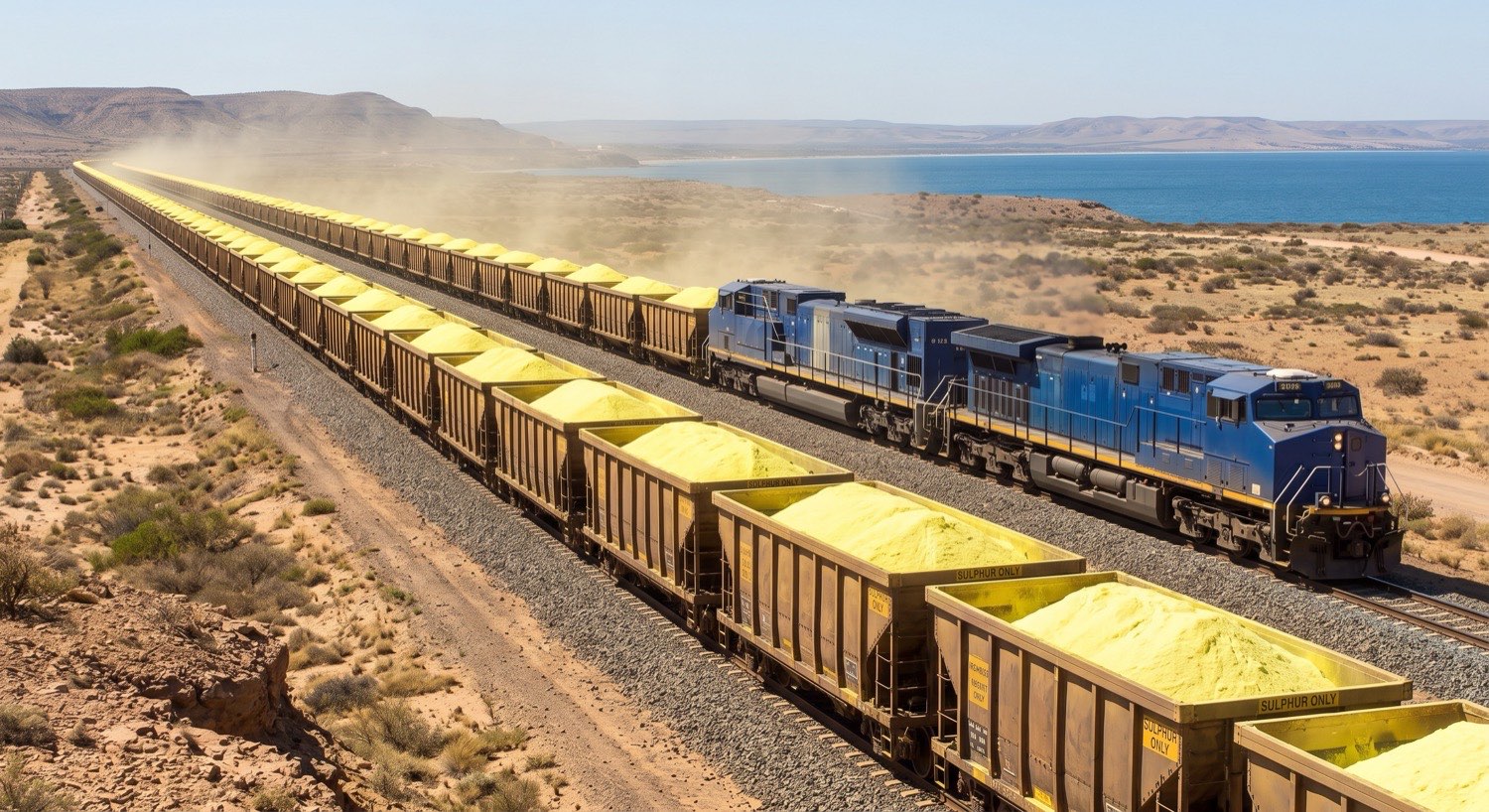 A loaded sulphur train running beside the coast, its hopper wagons heaped with bright yellow prill and stencilled Sulphur Only